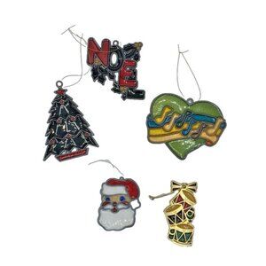 Lot 5 Vintage Plastic Christmas Ornaments Faux Stained Glass Suncatchers Decor